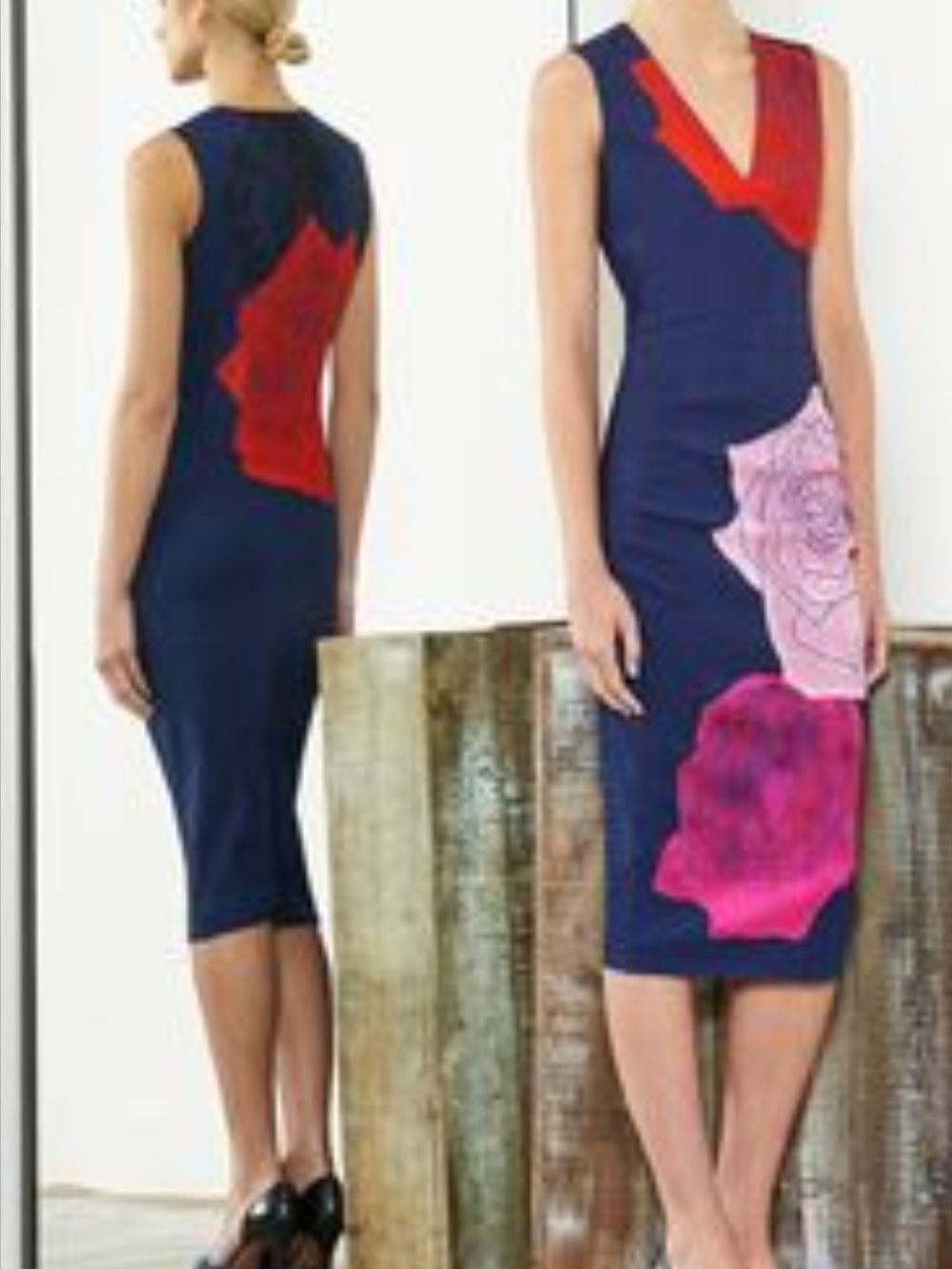 Sportmax Navy Midi Dress with Red V-Neck and Pink Floral Patch